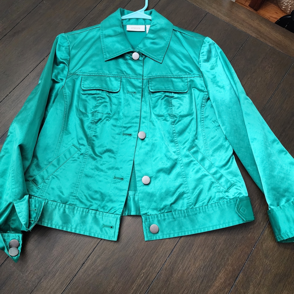 Chico's Green Jean Jacket Cropped Tailored